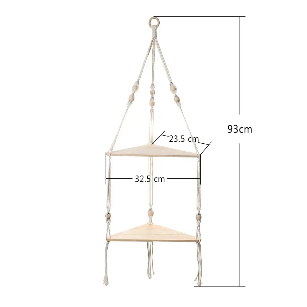 Beige DecorBites™ macrame wall hanging corner shelf with two triangular wooden tiers and decorative beads for boho decor