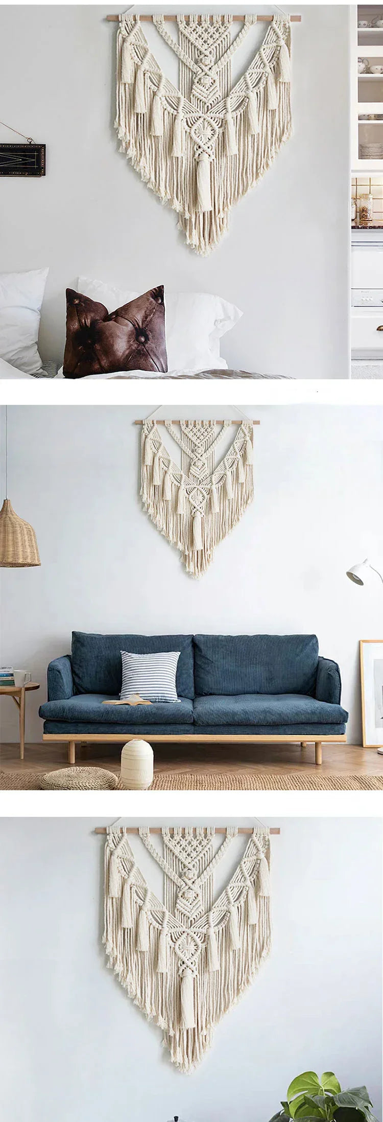 Beige macrame wall hanging with intricate knotwork and tassels for chic bohemian decor by decorbites