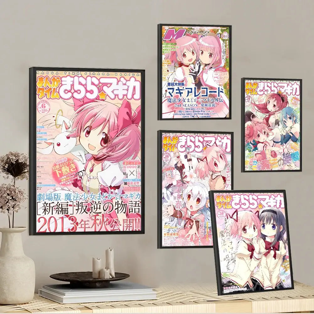 Five framed madoka magica anime wall art posters featuring pink-haired puella magi madoka in colorful detailed illustrations