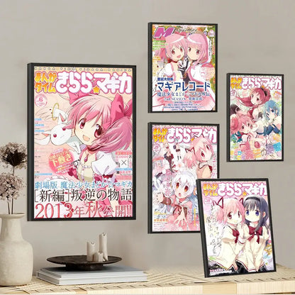 Five framed madoka magica anime wall art posters featuring pink-haired puella magi madoka in colorful detailed illustrations