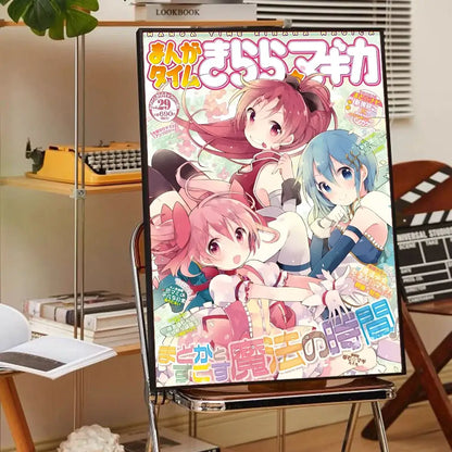 Vibrant madoka magica wall art poster featuring three colorful puella magi madoka characters on a metal easel