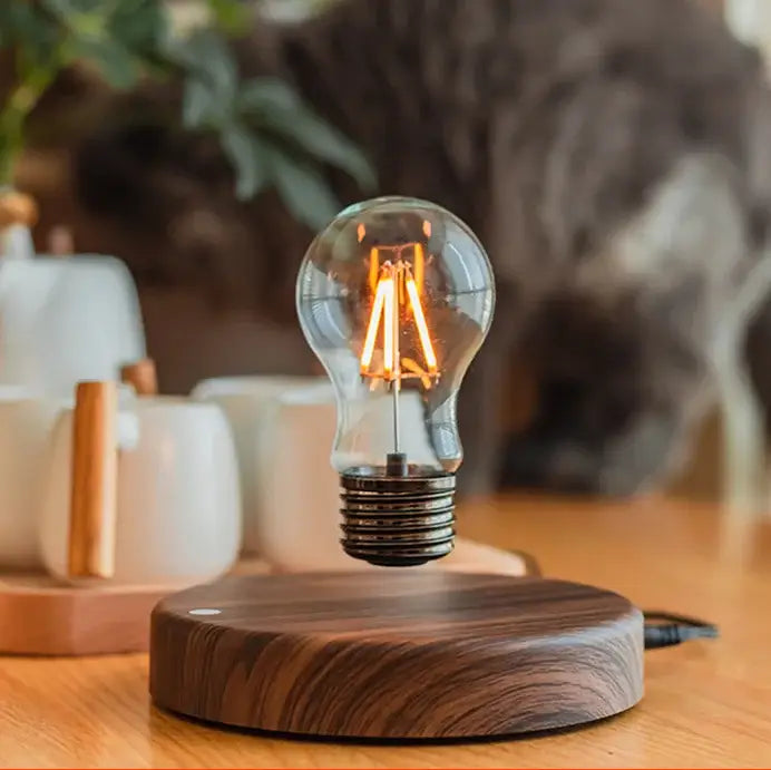 DecorBites magnetic levitation lamp with floating vintage edison glass bulb warm filament on dark wood base for desk decor