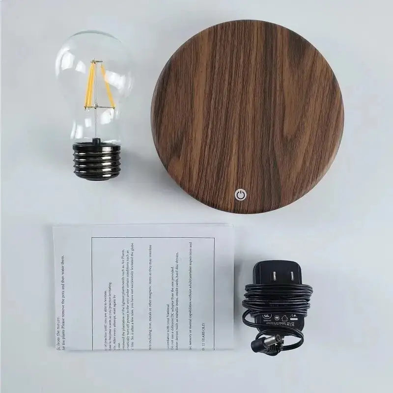 Wooden circular base with power button and led filament bulb showcasing decorbites™ magnetic levitation lamp for home decor