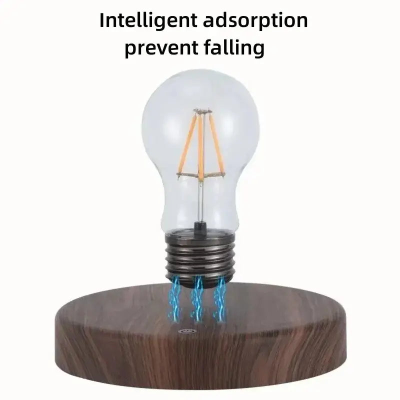 A clear glass edison-style bulb magnetically levitates above a dark wood base in the decorbites magnetic levitation lamp