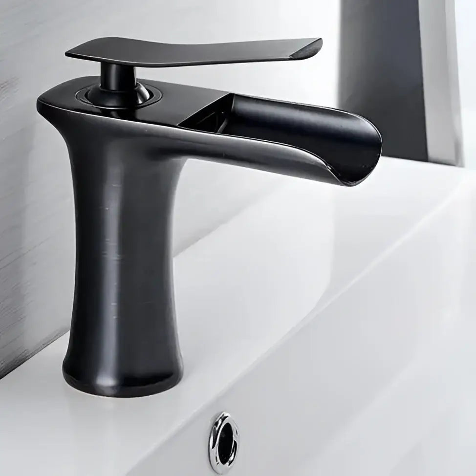 Decorbites™ mai single handle gold bathroom faucet with black matte finish and sleek curved spout design