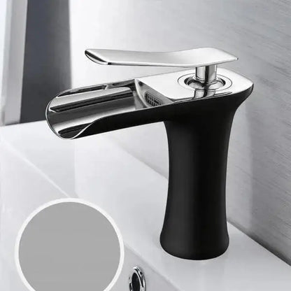 Modern black and chrome single handle gold bathroom faucet with sleek waterfall spout by DecorBites™ Mai
