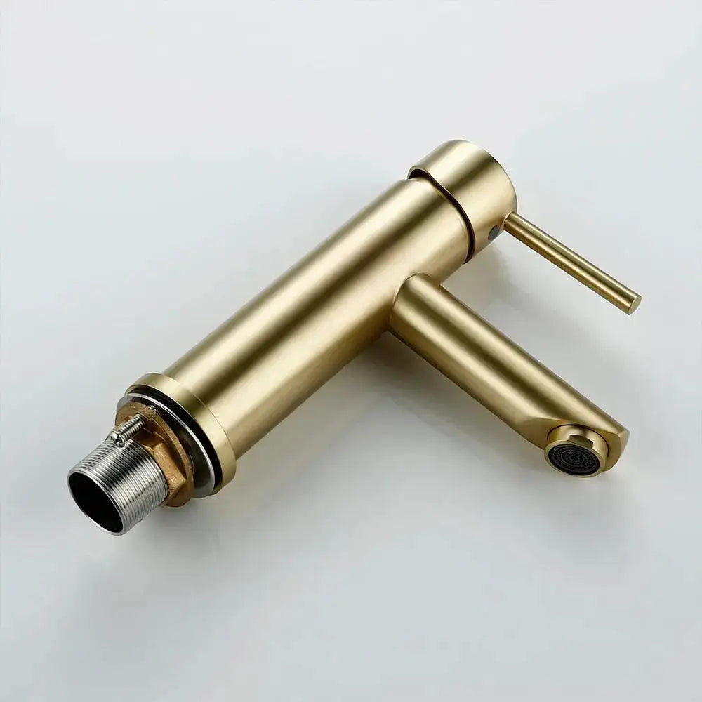 Modern gold-finished deck mounted bathroom faucet with single-handle and brushed metal cylindrical design by DecorBites™ Malena
