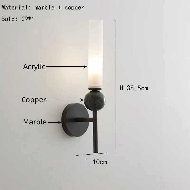 Modern minimalist marble sconce wall light by decorbites featuring matte black marble base copper accents and acrylic diffuser