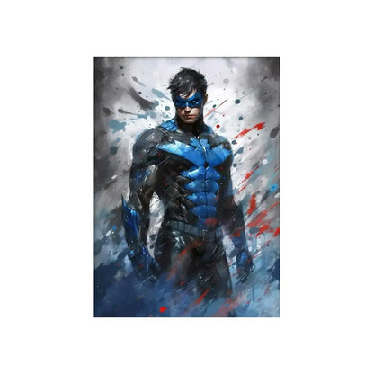 Decorbites™ marvel canvas wall art print featuring a blue and black armored superhero costume with bat emblem