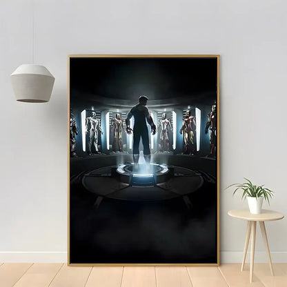 A framed decorbites™ marvel iron man home decor poster canvas featuring tony stark silhouette with metallic iron man suits