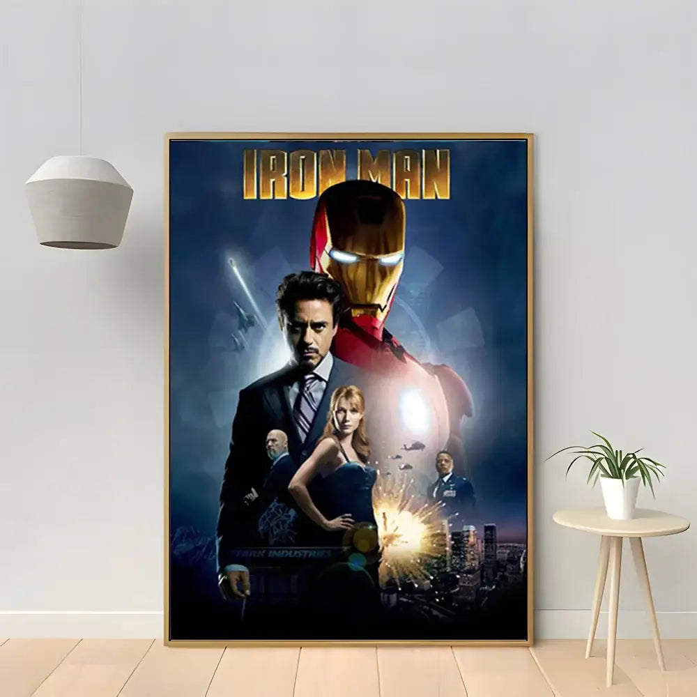 A framed marvel iron man home decor poster canvas featuring a golden and red suit with glowing eyes on dark blue background