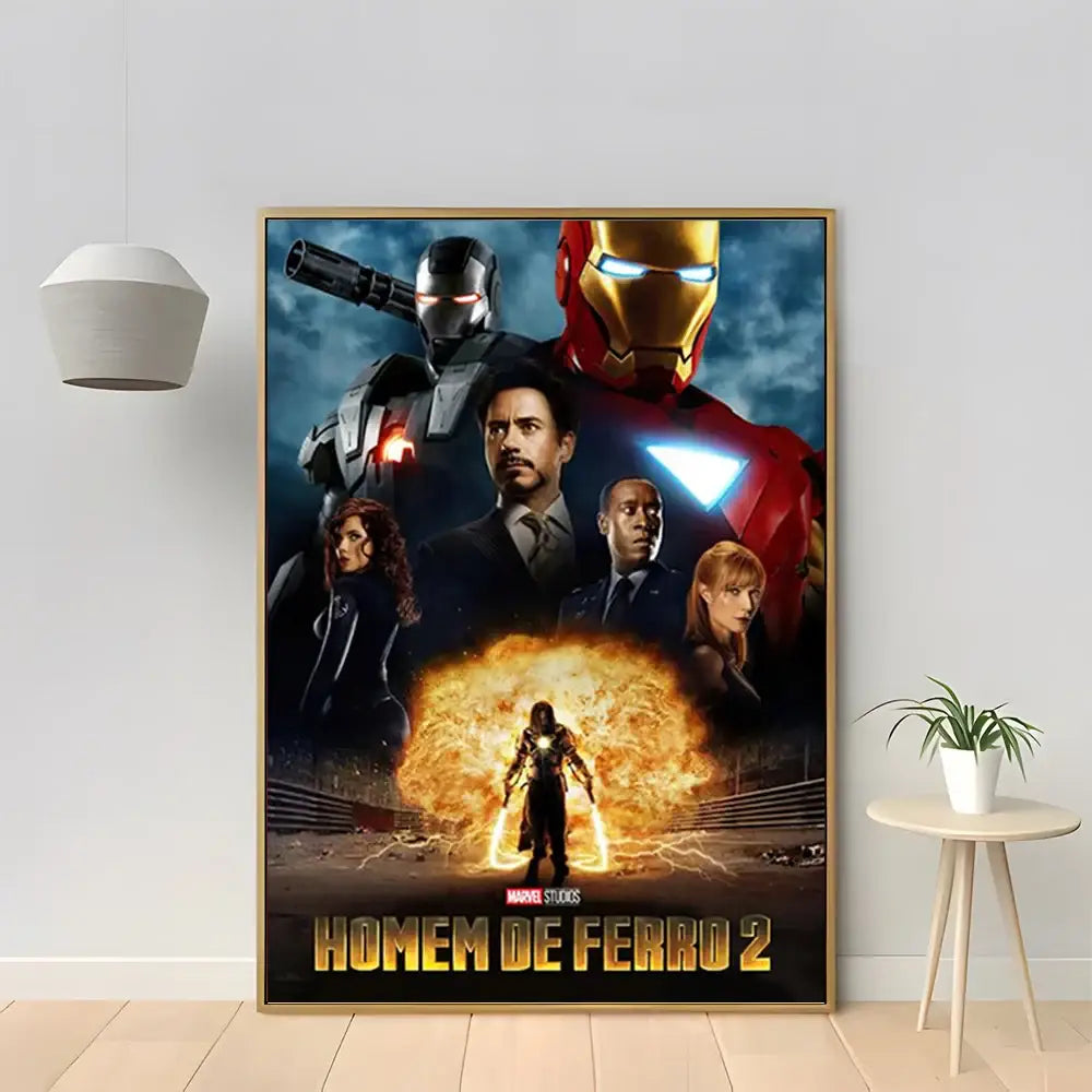 A framed marvel iron man home decor poster canvas featuring iron man and characters in dynamic fiery poses
