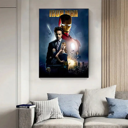 Decorbites™ marvel iron man home decor poster canvas featuring golden red iron man suit with glowing eyes on blue background