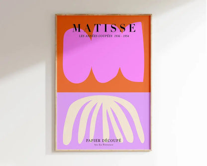 A framed decorbites™ matisse floral art print featuring bold abstract cut-paper art in vibrant orange lavender and pink