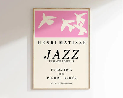 A framed decorbites™ matisse floral art print with pink bird silhouettes and black text on an off-white background