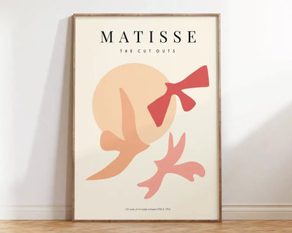 Beige-framed decorbites™ matisse floral art print featuring bold red and peach abstract cutouts inspired by matisse floral art