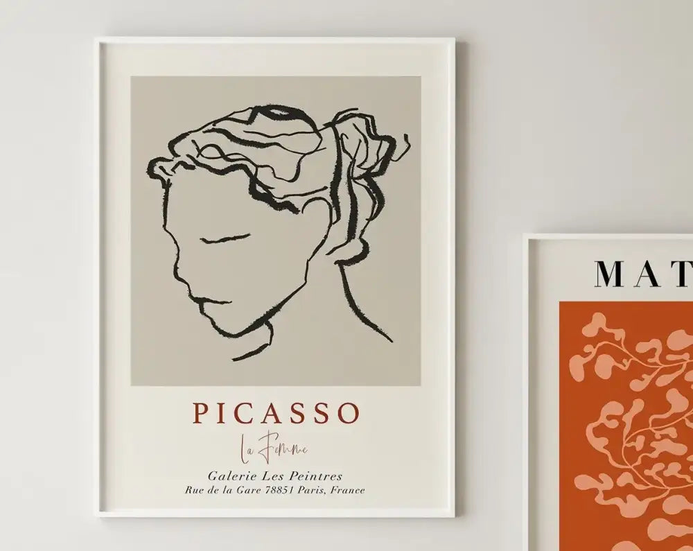 Decorbites™ matisse floral art print with minimalist black line drawing and picasso text in white frame from market matisse collection
