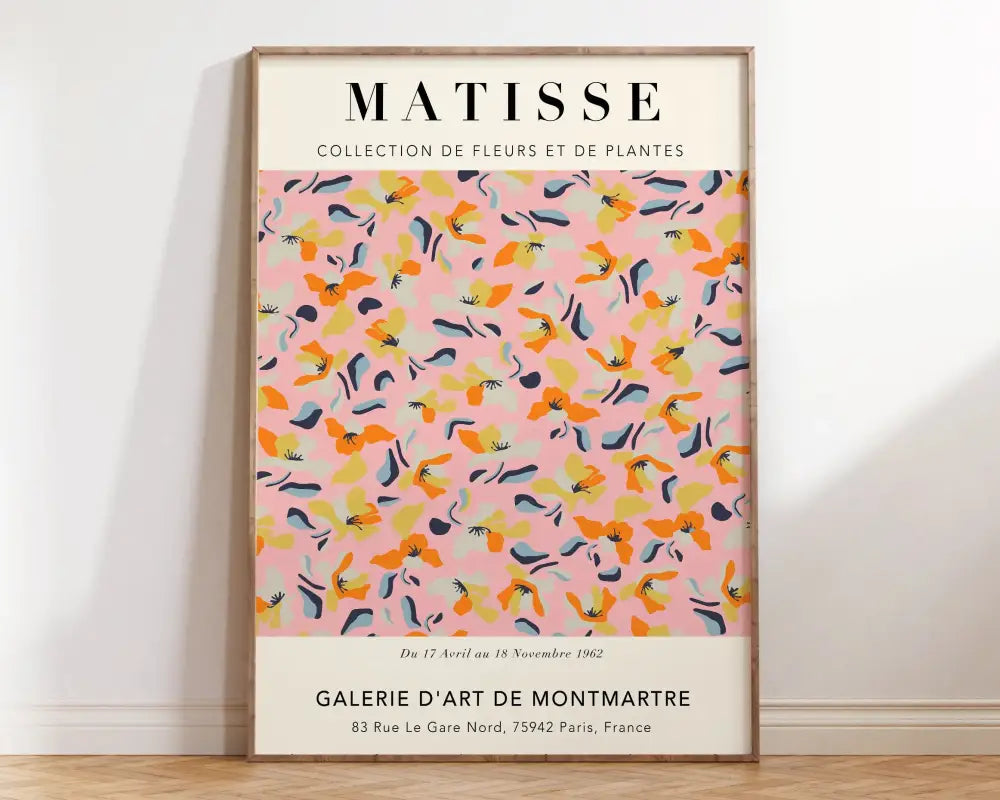 A framed DecorBites Matisse floral art print with vibrant orange, yellow, and blue flowers for market Matisse collection