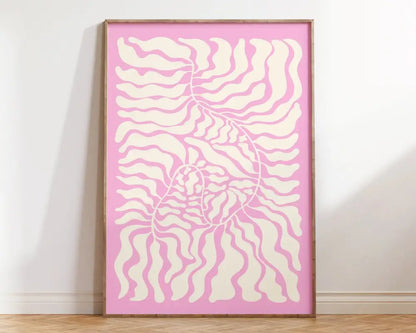 A framed DecorBites™ matisse floral art print with flowing cream abstract flowers on a soft pink background