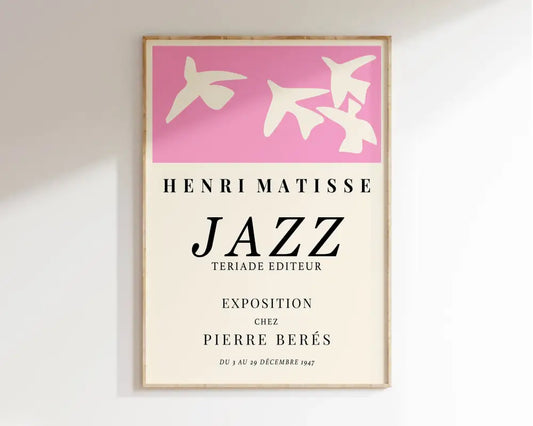 A decorbites™ matisse floral art print featuring a pink botanical cut design and black text from the 1947 exhibition paintings