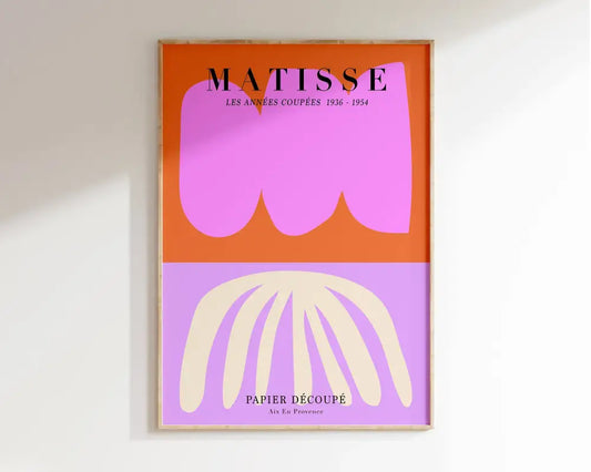 A framed poster of decorbites™ matisse floral art featuring bold abstract cut-paper floral art prints in orange and lavender hues