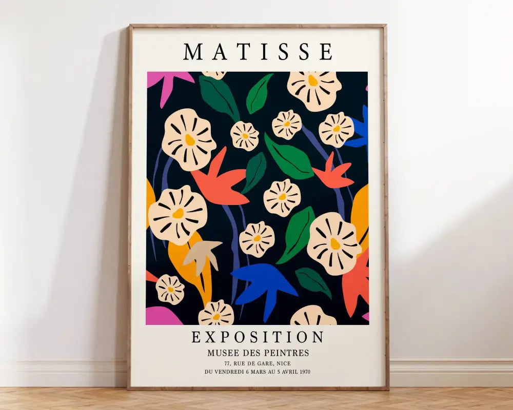 A framed decorbites™ matisse floral art print featuring vibrant cream green orange blue and pink floral art prints on dark background