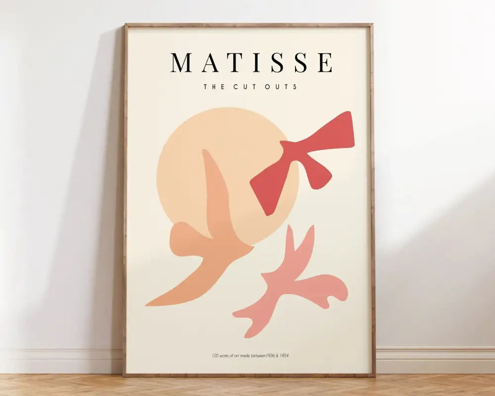 Beige-framed art print from decorbites™ matisse floral art featuring bold red and peach abstract flowers cutouts