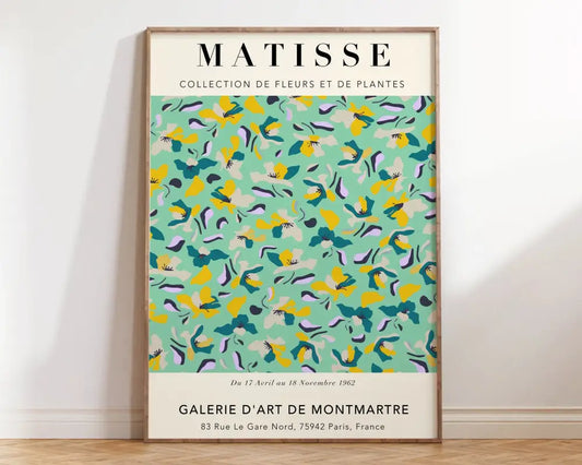 A framed decorbites™ matisse floral art print featuring a vibrant stylized floral pattern in mint green yellow and purple