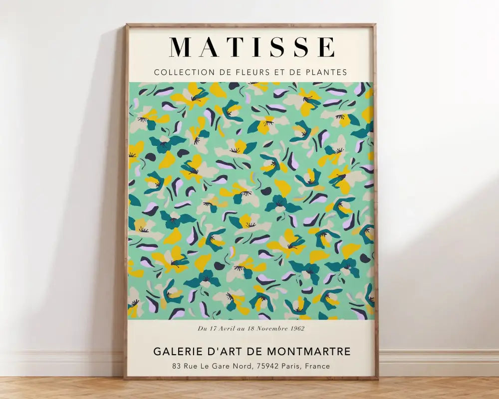 A framed decorbites™ matisse floral art print featuring vibrant abstract flowers in mint green yellow and purple on light background