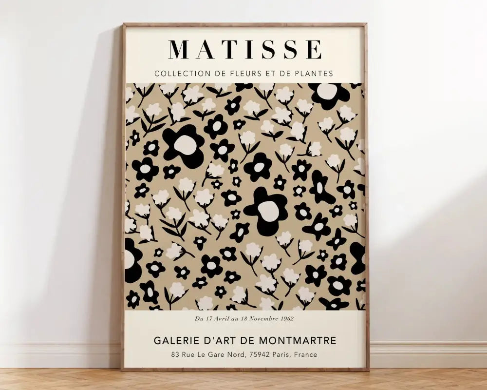 A framed decorbites™ matisse floral art print featuring black and white abstract flowers on a beige background