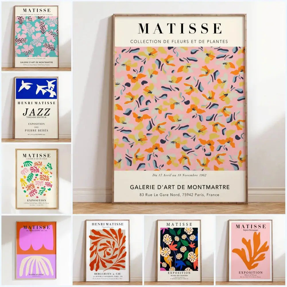 A framed poster from DecorBites™ featuring abstract flowers matisse in vibrant pink with orange yellow and navy blue floral patterns