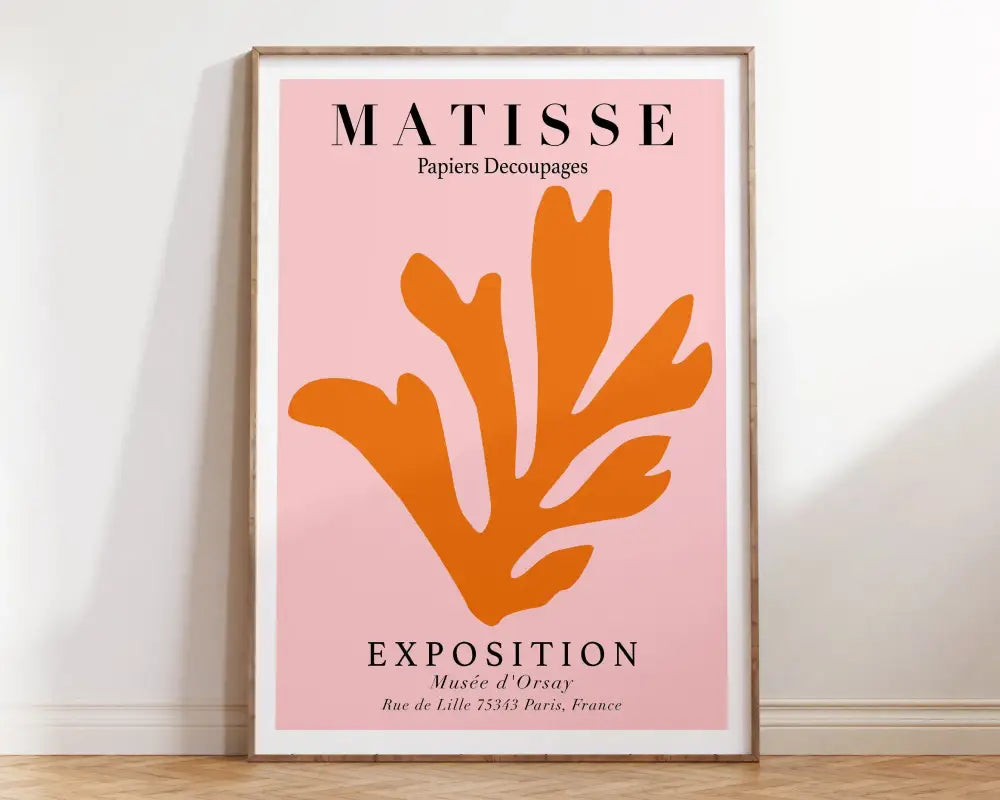 A framed decorbites™ matisse floral art print with bold orange abstract flowers on soft pink background