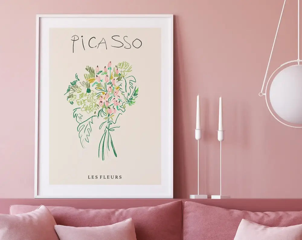 A framed decorbites™ matisse floral art print featuring abstract flowers in soft pink green and yellow hues on off-white background