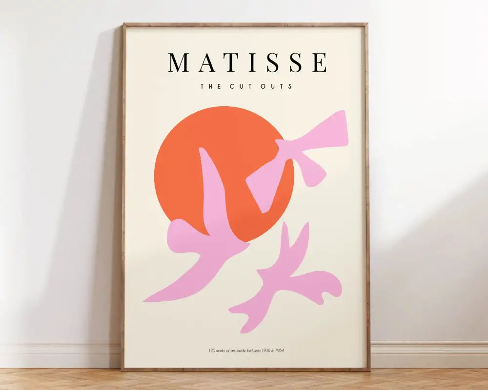 A framed decorbites™ matisse floral art print featuring bold pink and orange abstract flowers on a cream background