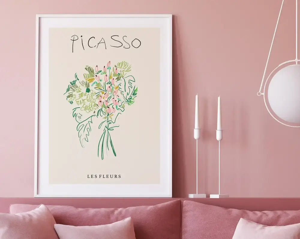 A framed decorbites™ matisse floral art print featuring abstract flowers in soft pink green and yellow hues on off-white background