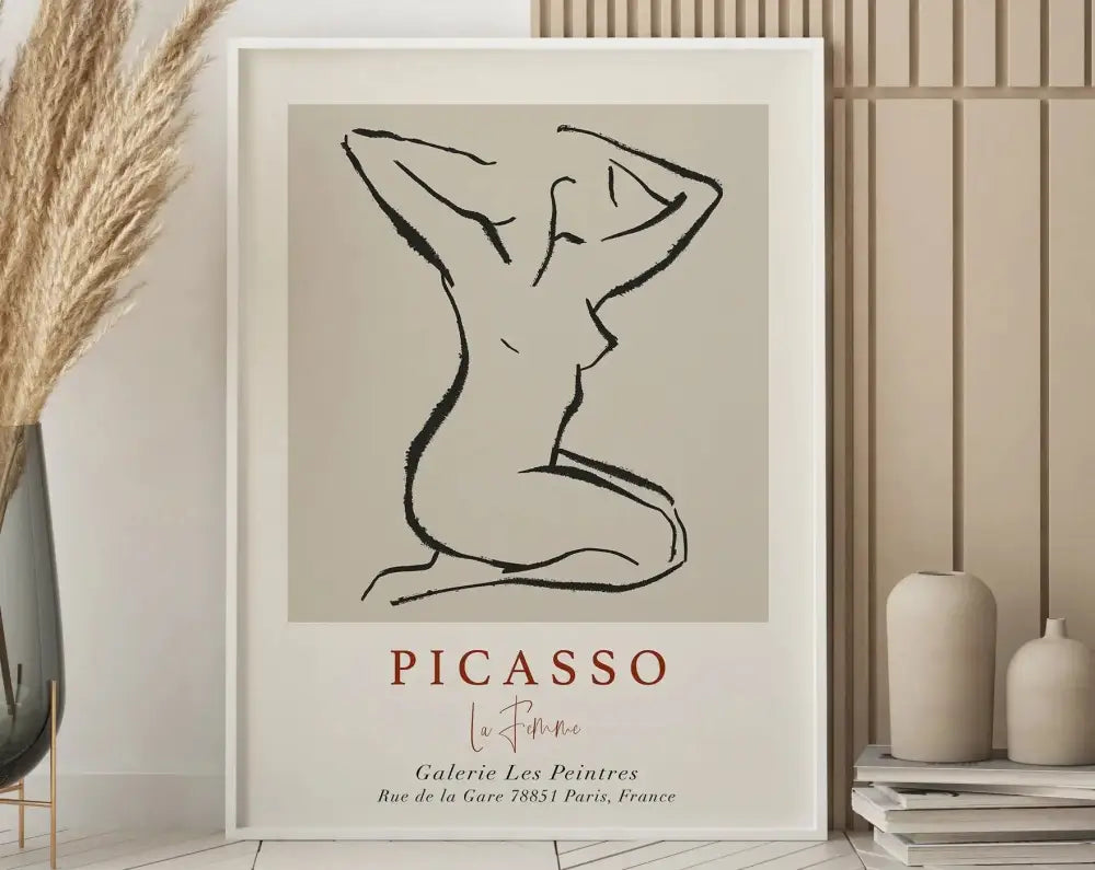 Minimalist framed art print of black line nude figure on beige background from decorbites™ matisse floral art collection