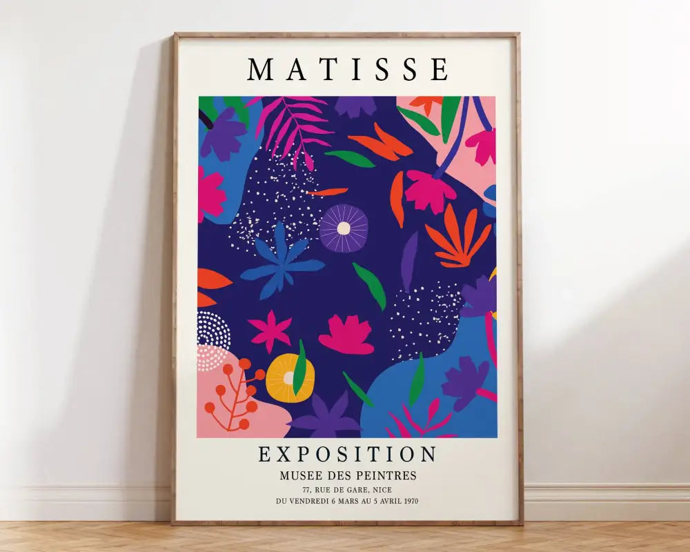 A vibrant framed poster from decorbites™ matisse floral art prints collection featuring abstract flowers in pink and blue