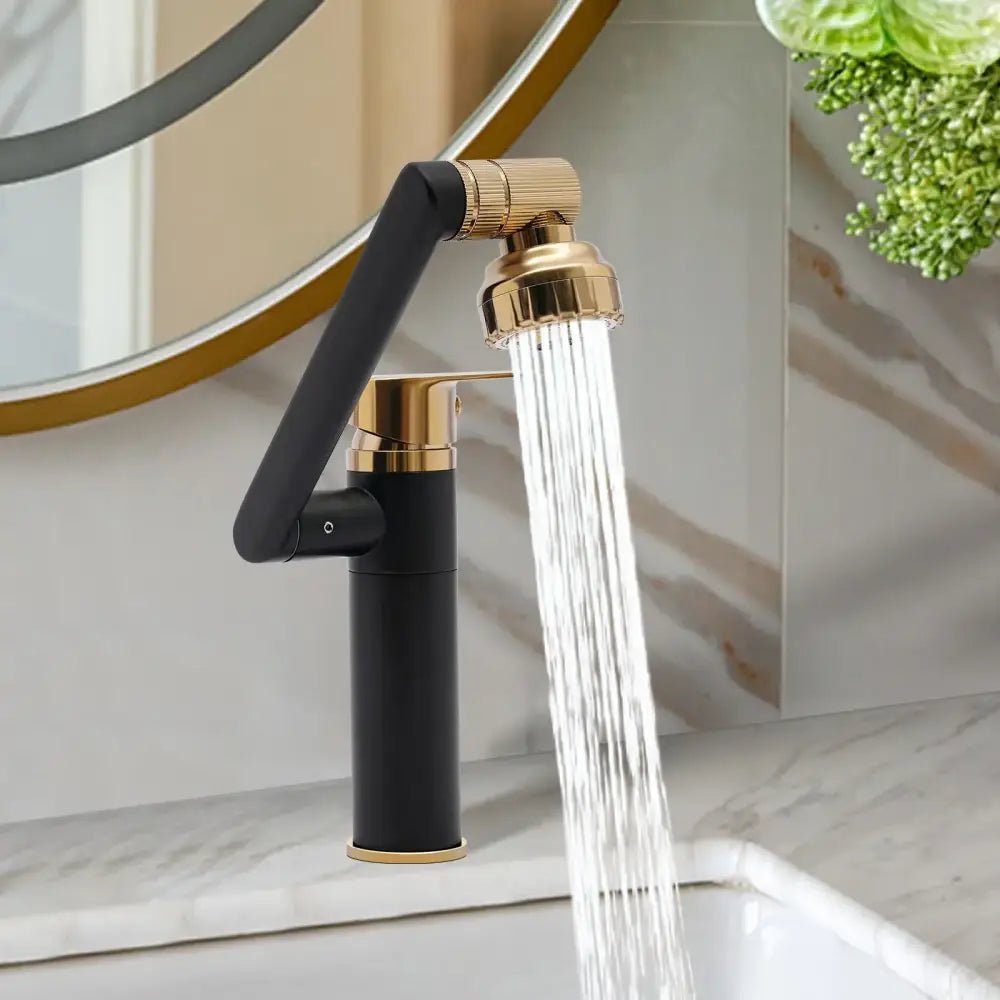 DecorBites matte black and gold bathroom faucet with sleek articulated spout and dual water modes for modern use