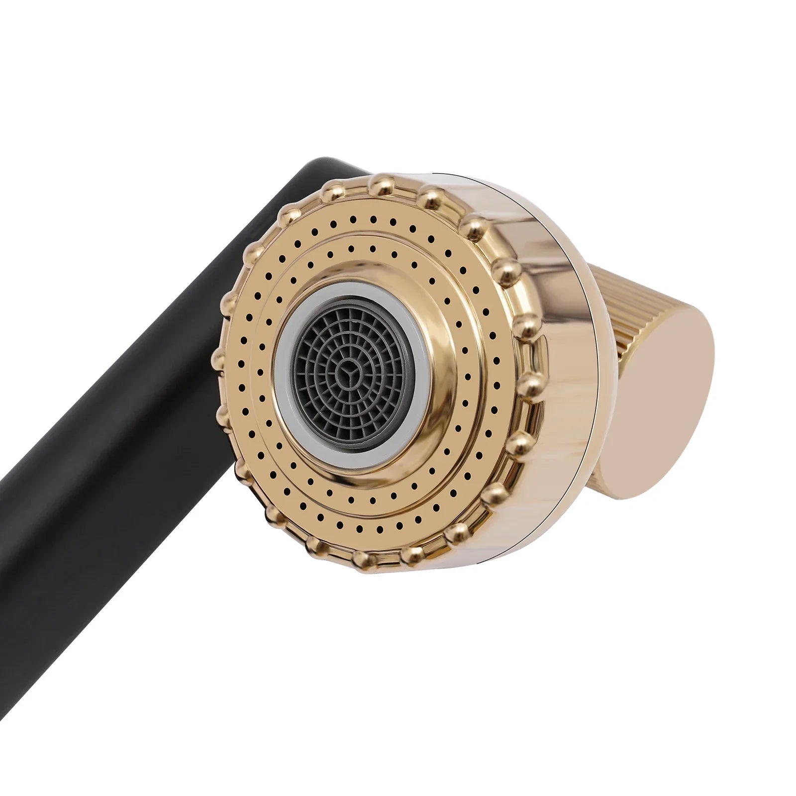 Gold-colored ornate faucet head with circular design and beads for decorbites matte black bathroom faucet dual water modes
