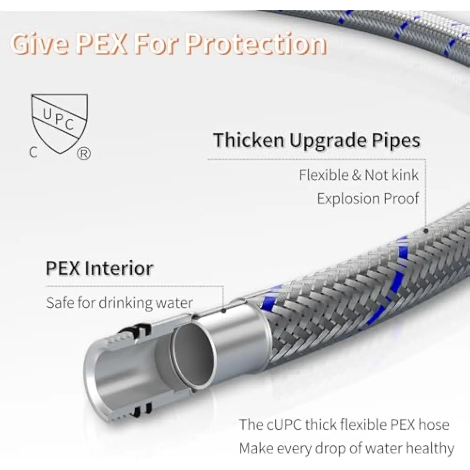 Silver braided pex water pipe with blue stripes and metallic end cap for matte black bathroom faucet installation