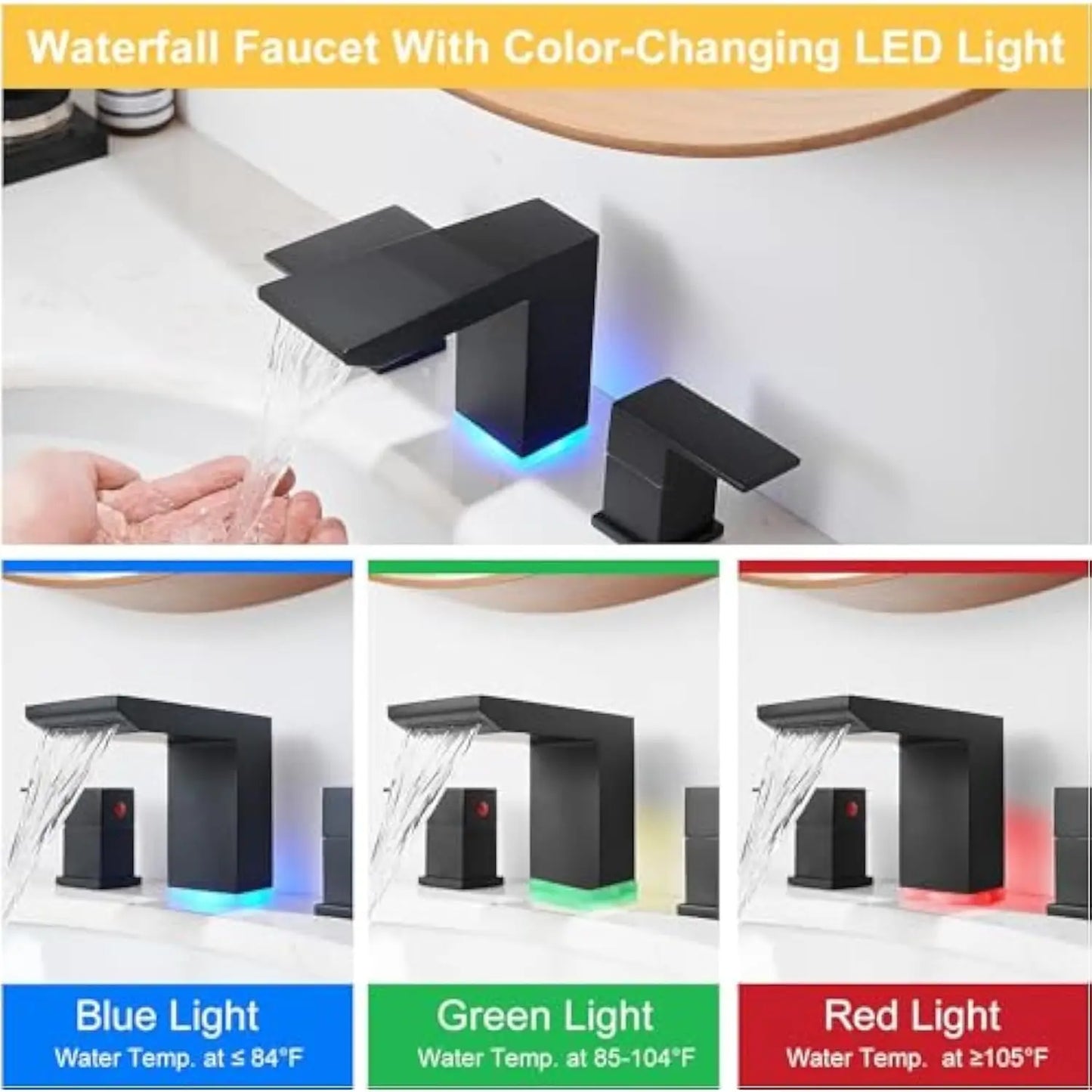 Decorbites™ matte black bathroom sink faucet with led waterfall spout and color-changing water temperature light