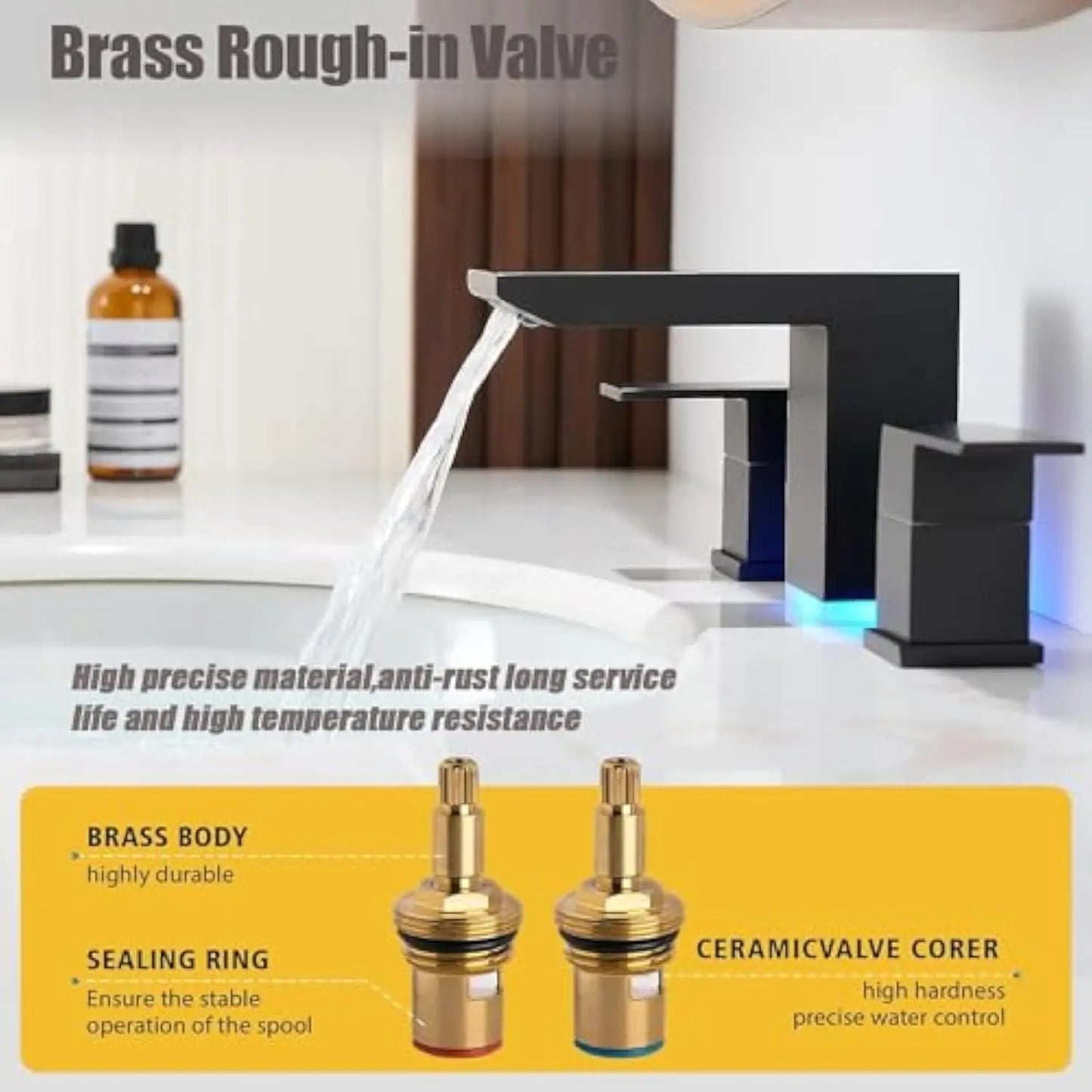 Decorbites™ matte black led waterfall bathroom faucet with sleek angular design and blue led lighting at base sink faucet
