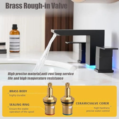 Decorbites™ matte black led waterfall bathroom faucet with sleek angular design and blue led lighting at base sink faucet