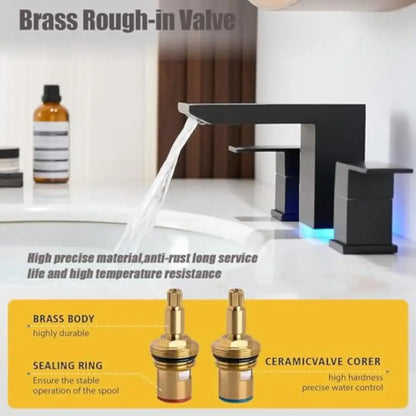 Decorbites™ matte black led waterfall bathroom faucet with sleek angular design and blue led lighting at base sink faucet