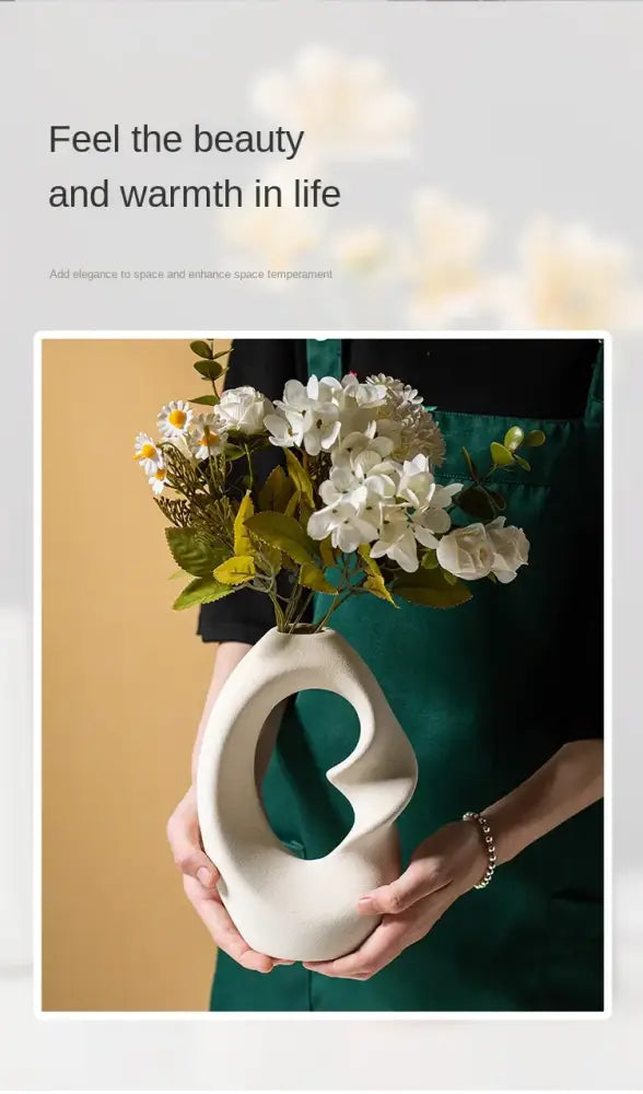 DecorBites matte ceramic vase set features an off-white modern vase with a curved cutout for stylish home decor