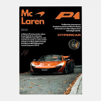 Orange mclaren p1 gtr hypercar with sleek black accents in a DecorBites™ gtr luxury poster for living room decor
