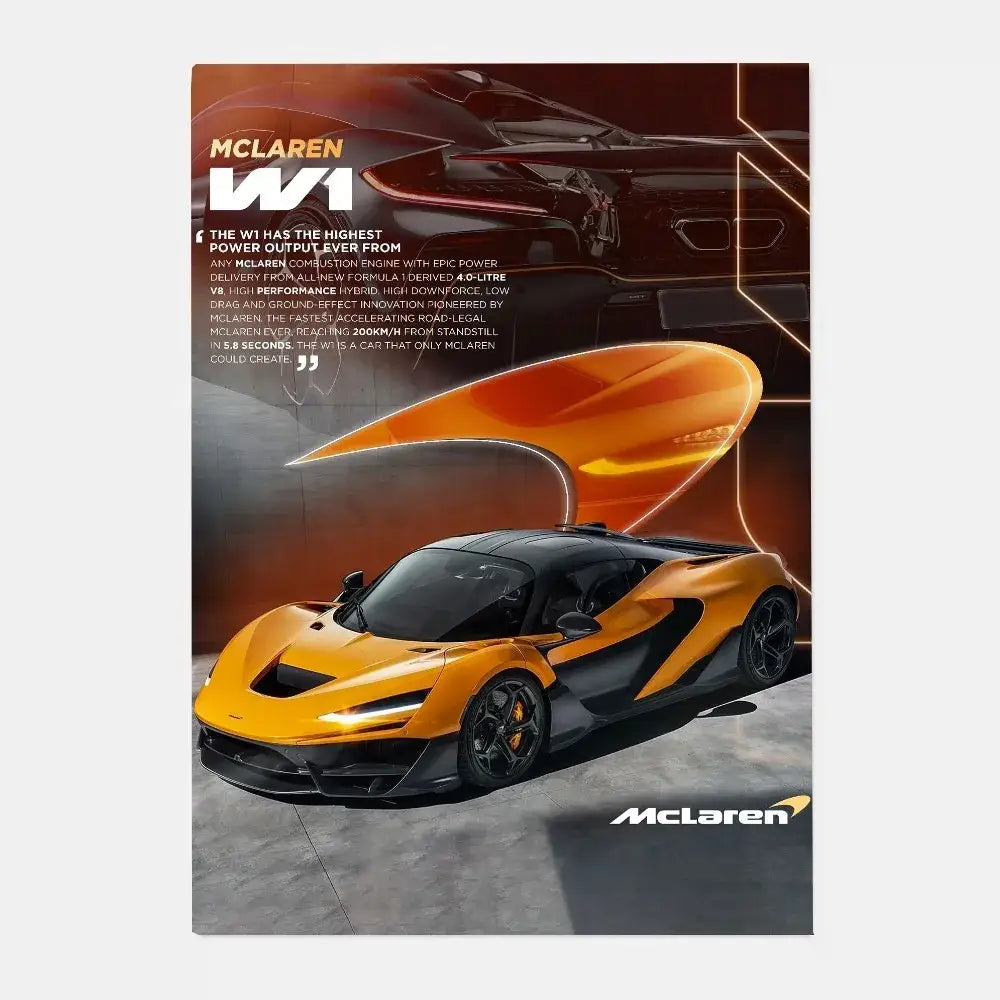 Decorbites mclaren p1 gtr luxury poster featuring orange and black hypercar with sleek aerodynamic design for living room