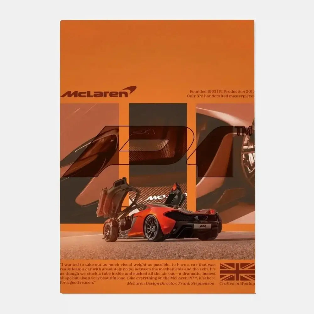 Orange mclaren p1 gtr sports car with sleek aerodynamic design and black accents in a gtr luxury poster for living room