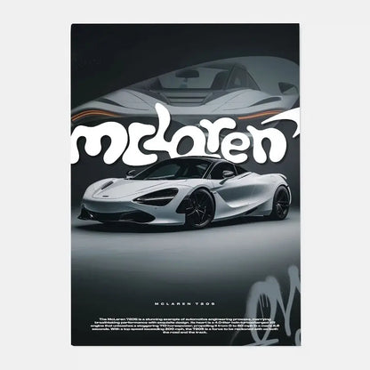 Silver mclaren 720s sports car gtr luxury poster with bold white lettering for stylish living room decor by DecorBites