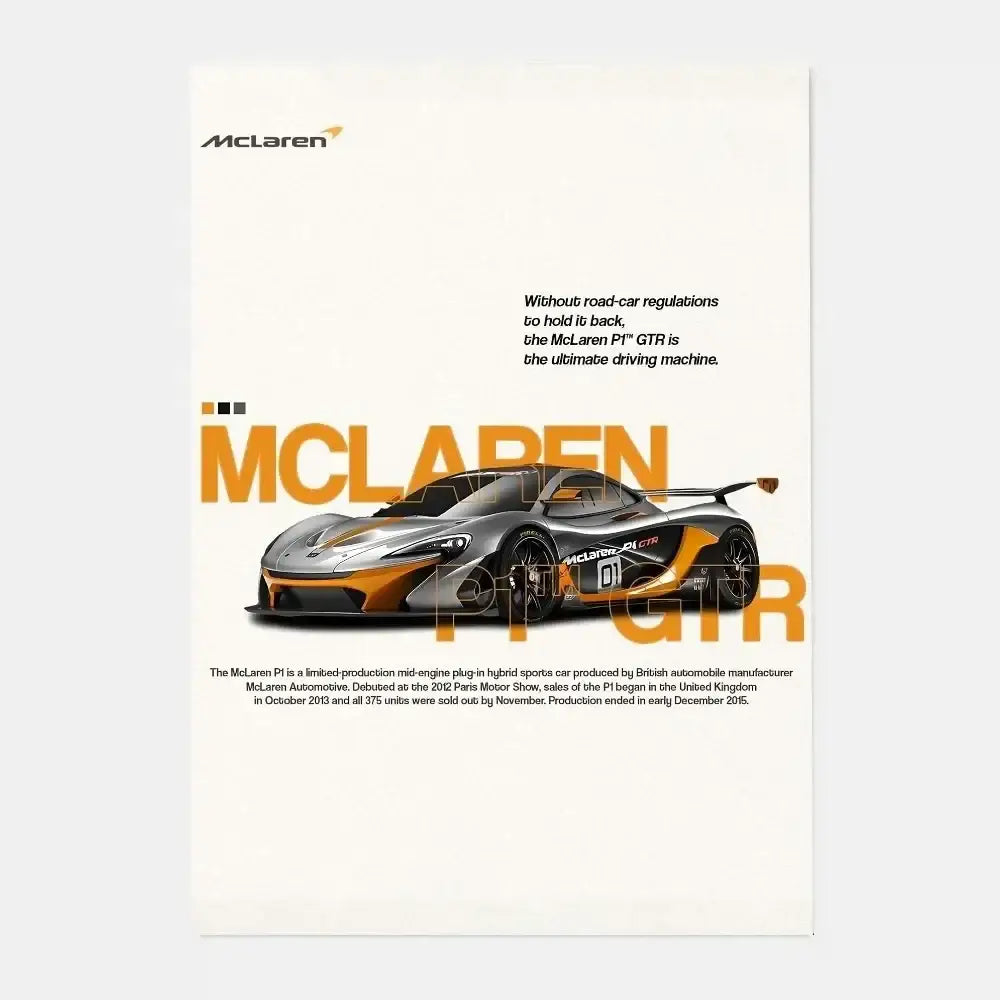 Decorbites™ silver and orange mclaren p1 gtr luxury poster for living room wall decor and racing enthusiasts